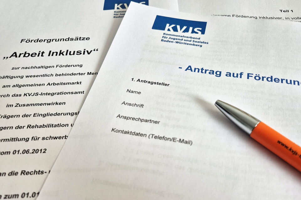 Ein Kugelscheiber liegt auf einem Antrag auf Förderung und Fördergrundsätzen